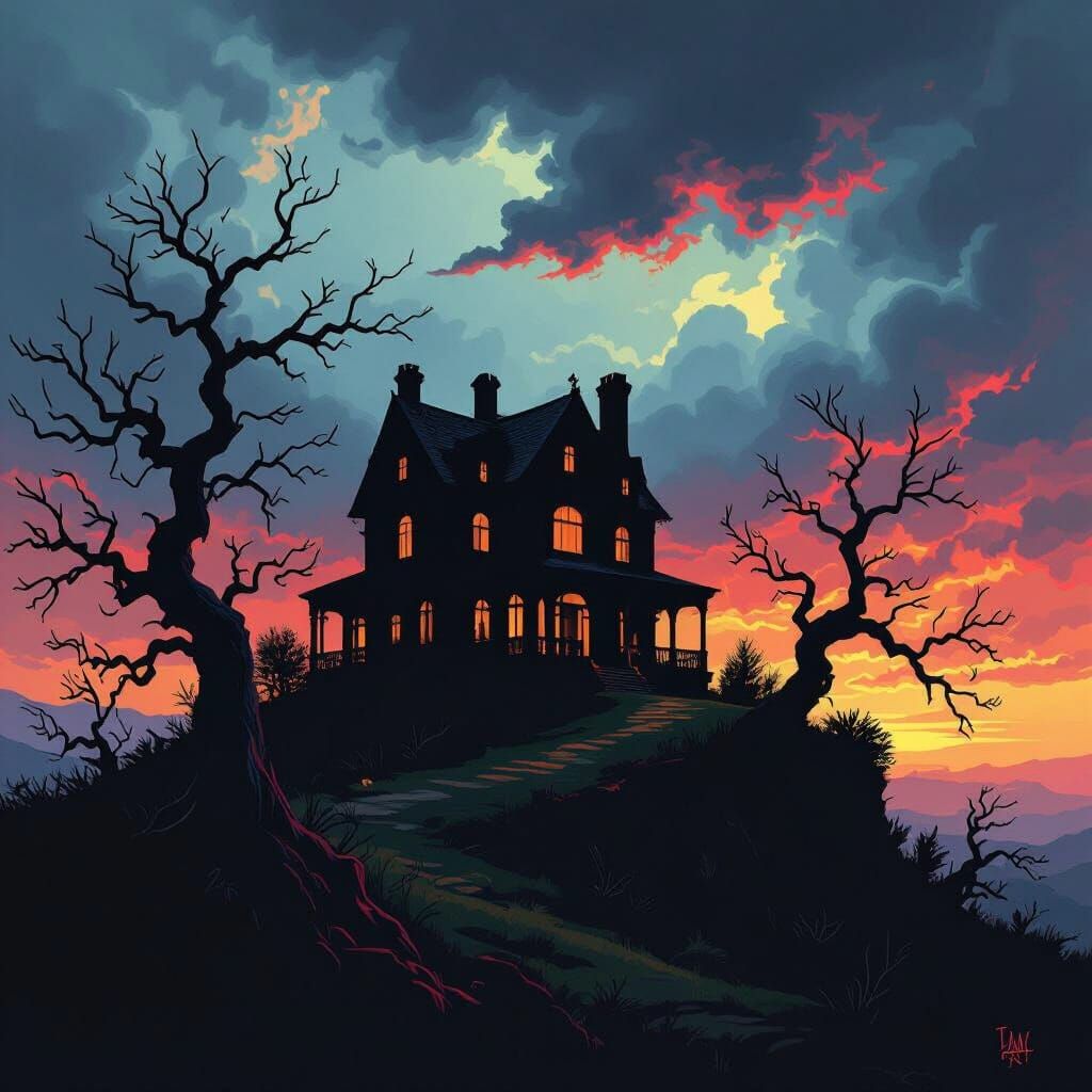 Stormy Hilltop Mansion in Dark Cartoon Style