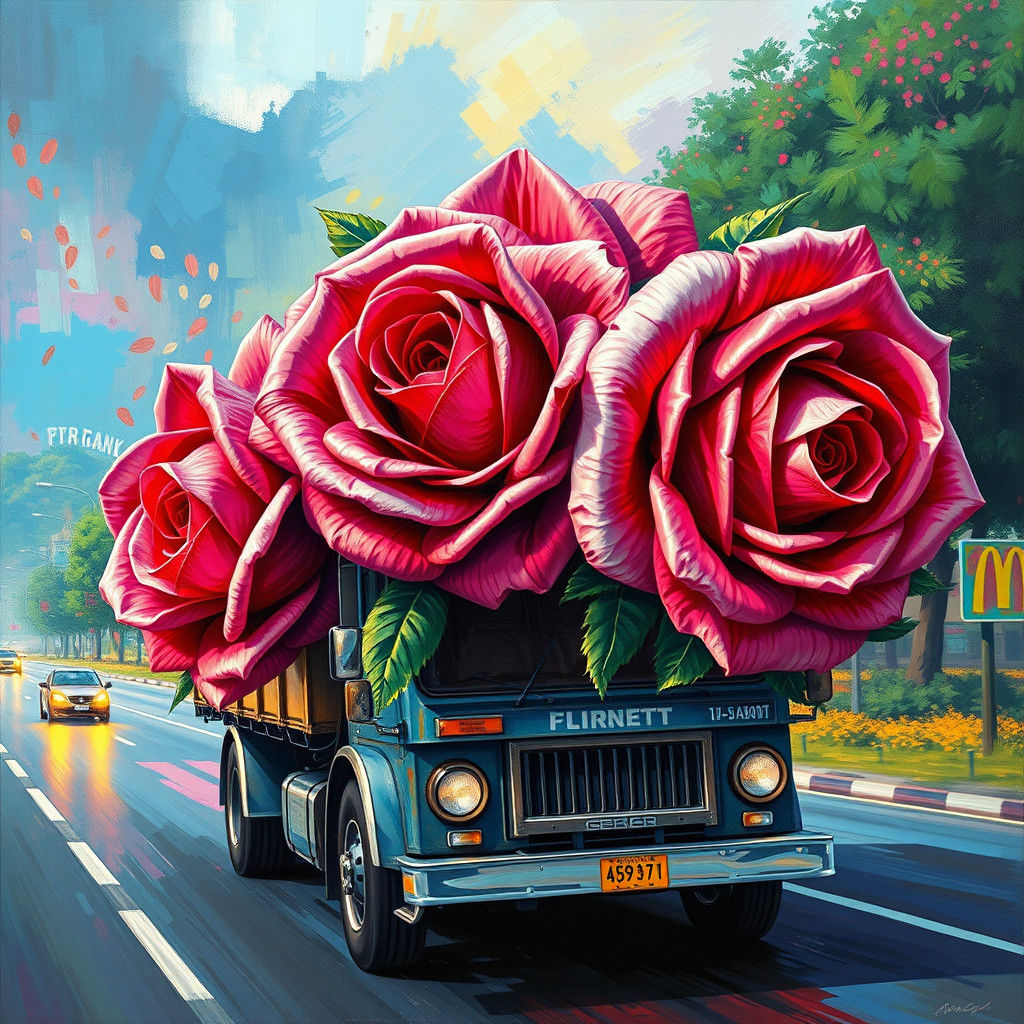 Truck with Giant Cyberpunk Roses: Hyperrealistic Oil Paintin...