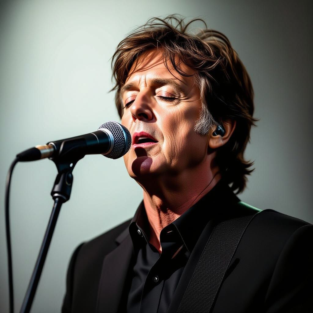 Paul McCartney Singing with Eyes Closed in Cinematic Style