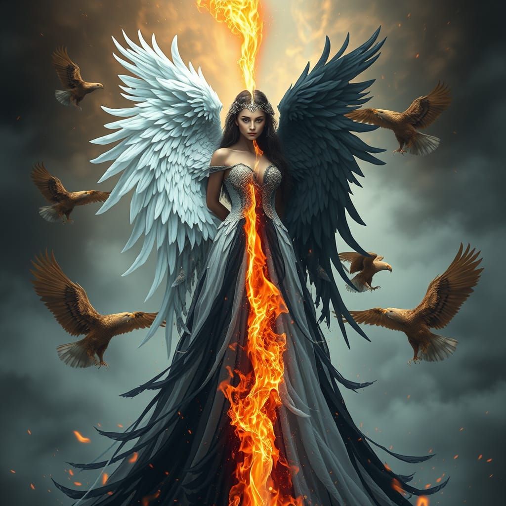 Dualistic Lady with Eagles in Surreal Fantasy Style