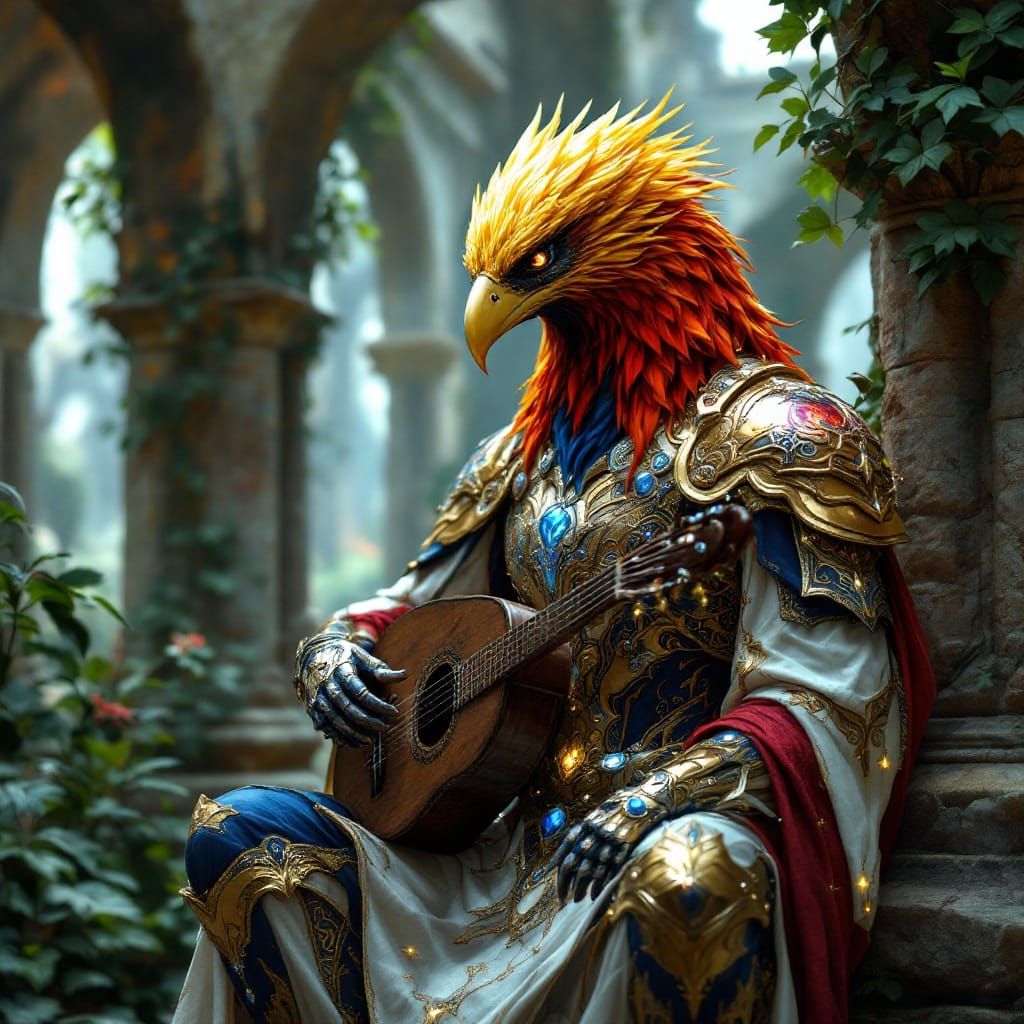 Golden Eagle Knight Plays Lute in Mystical Courtyard