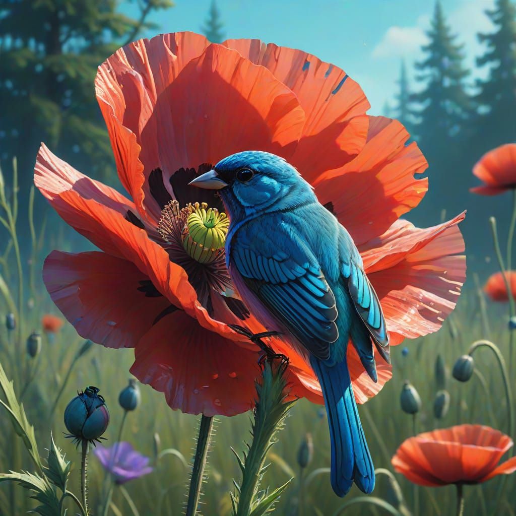 Blue Finch in Majestic Red Poppy Blossom with Dragonfly