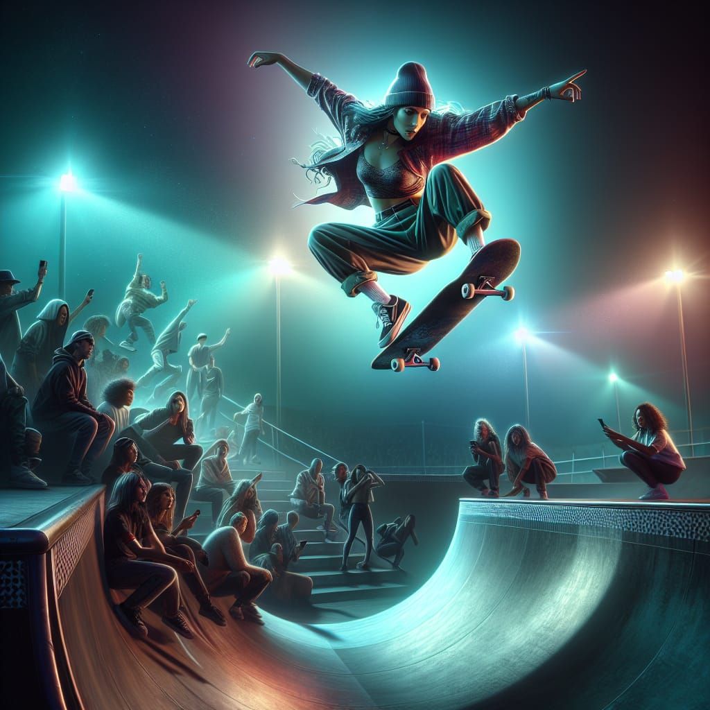 Hispanic Skateboarder Soaring in a Hyperrealistic Night Scen...