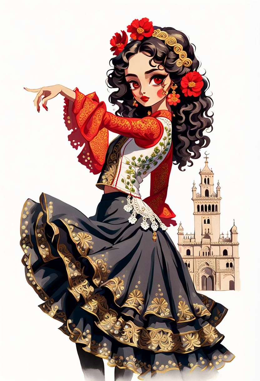 Flamenco Dance Illustration in Folk Art Style