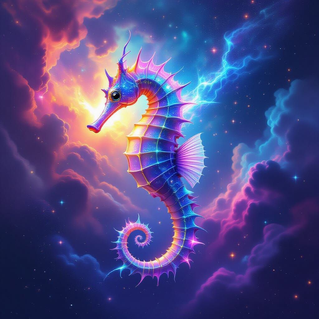 Bioluminescent Seahorse Navigating Psychedelic Nebula