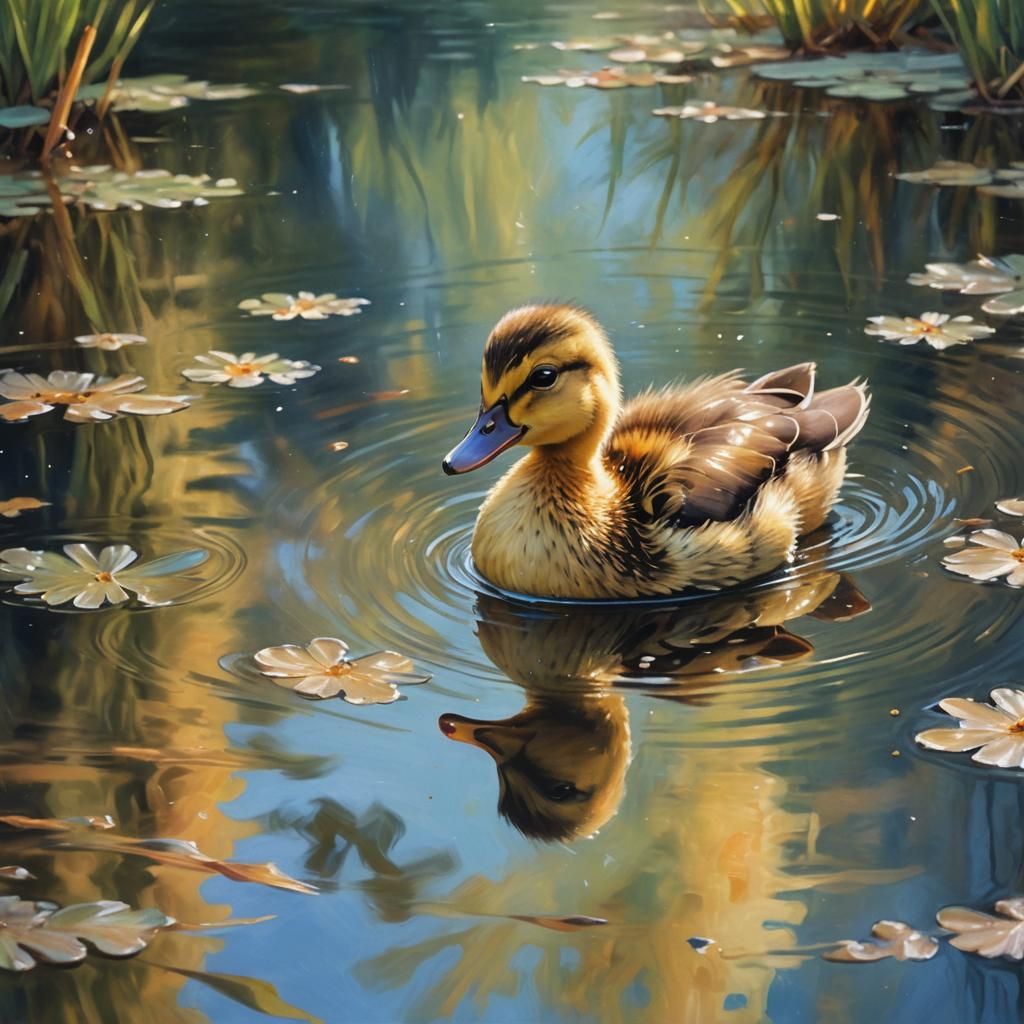 Duckling's Reflection: Dreamlike Oil Painting