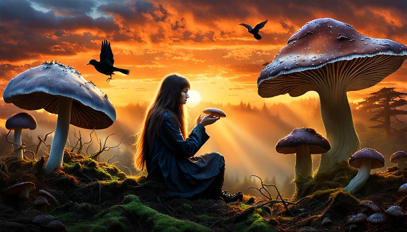 Mystical Bird-Mushroom Hybrid in a Surreal Collage