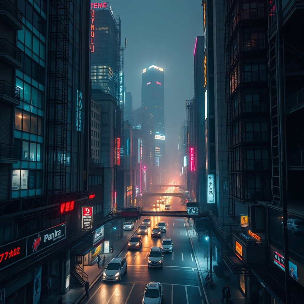 Glowing Neon Megastructure in Cyberpunk Urban Landscape