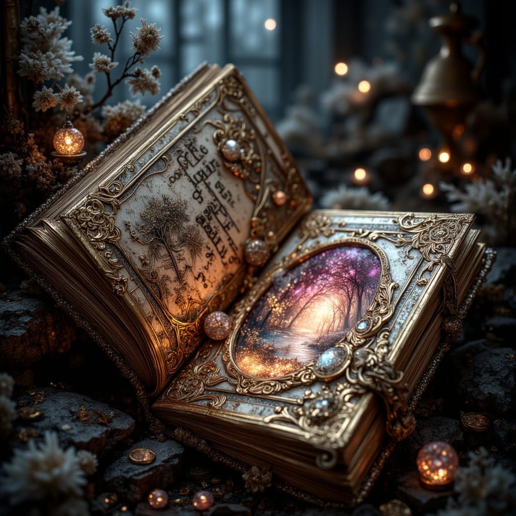 Fairytale Book Portal with Glowing Script and Autumn Leaves