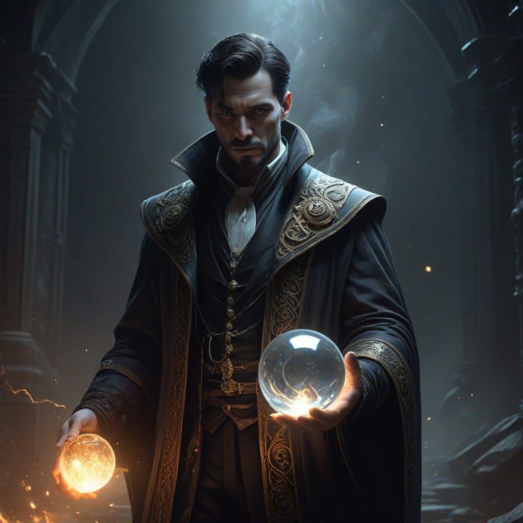 Magician in Abyss Holding Glowing Orb, Dark Fantasy Art