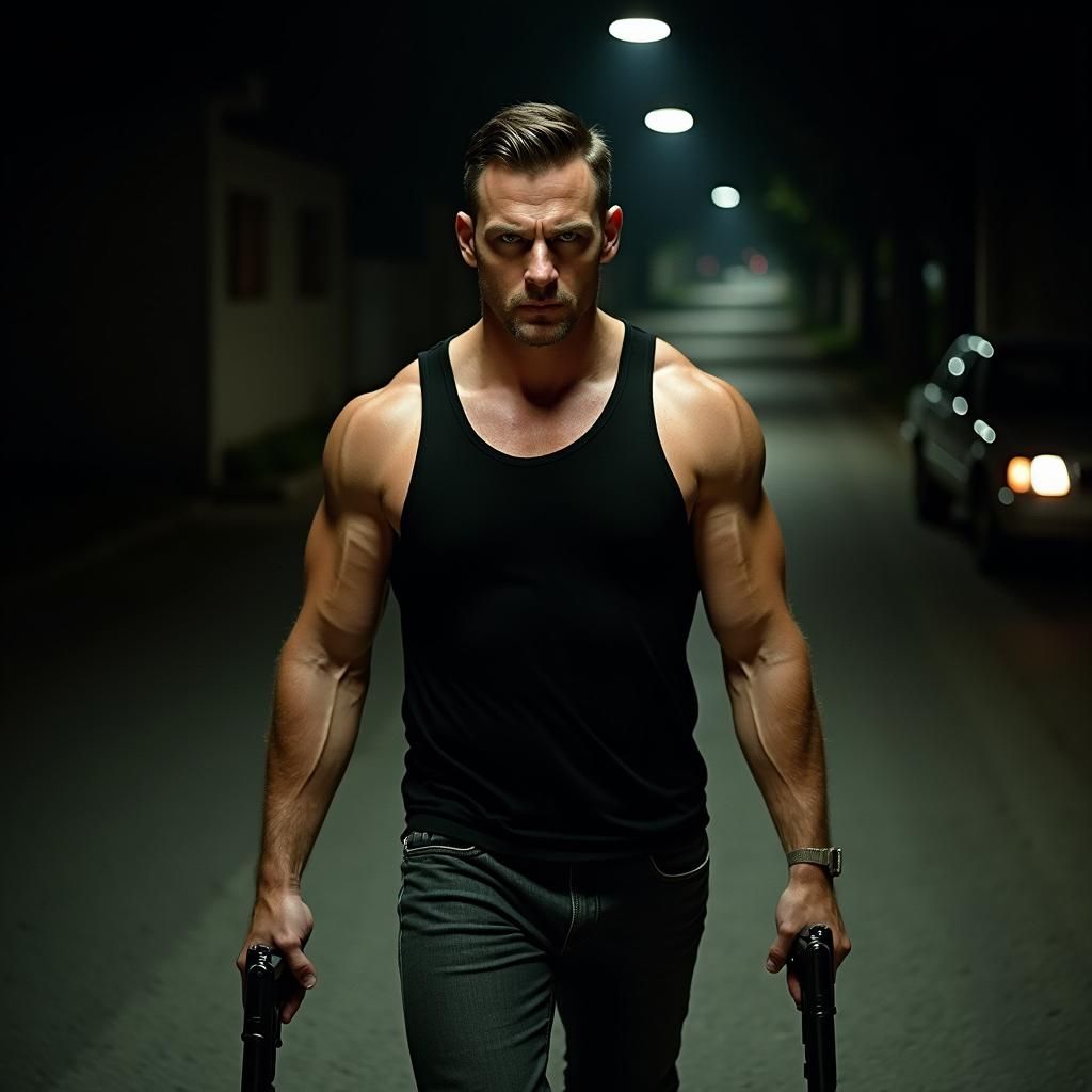 Intense Man with Pistols in Noir Cinematic Style