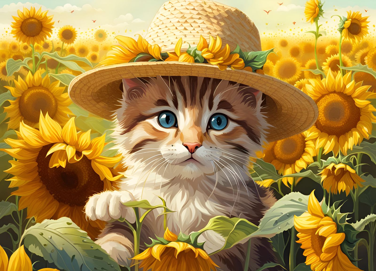 Cute Kitten with Straw Hat in Sunflower Field