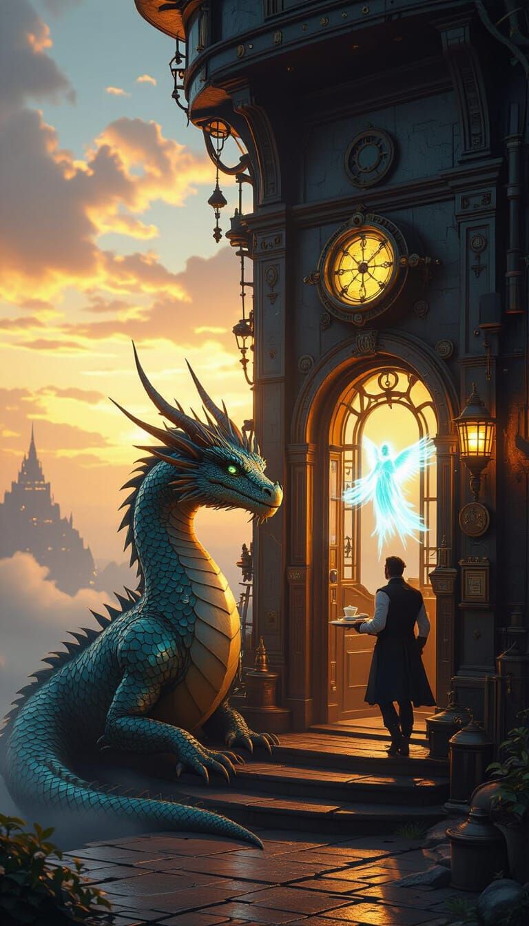 Holy Dragon Greets Man Leaving Steampunk Apartment