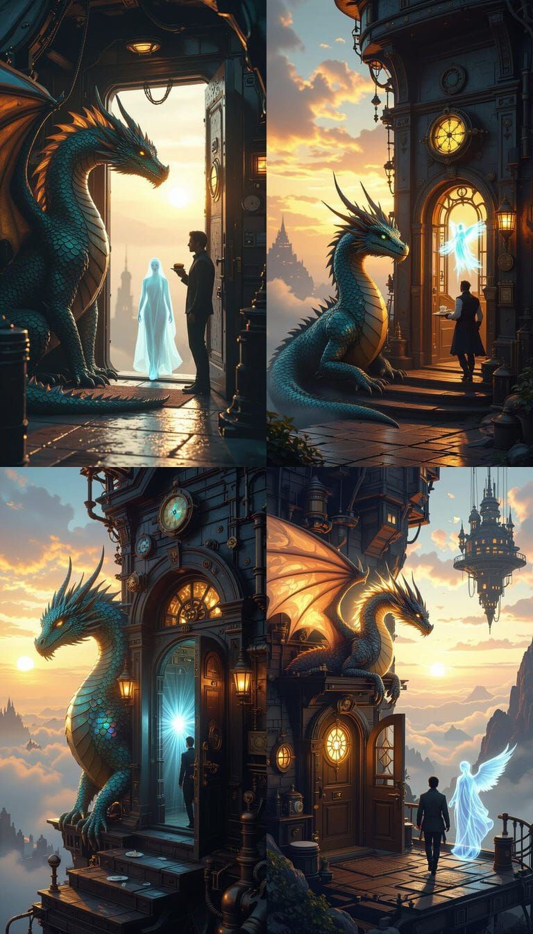 Steampunk Dragon Greets Man Leaving Sky Platform Apartment