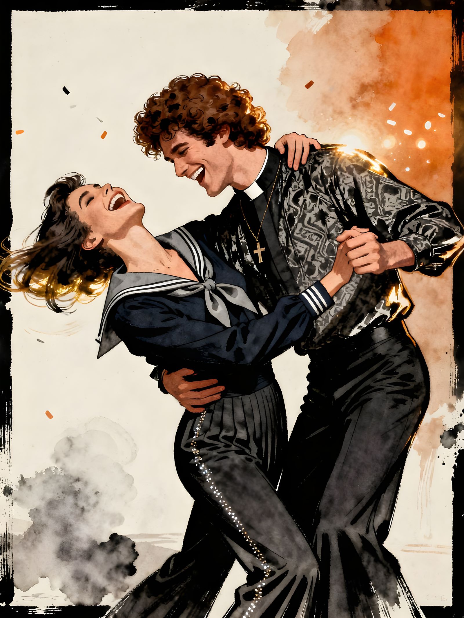 Joyful Disco Dance Captured in Brutalist Ink Style