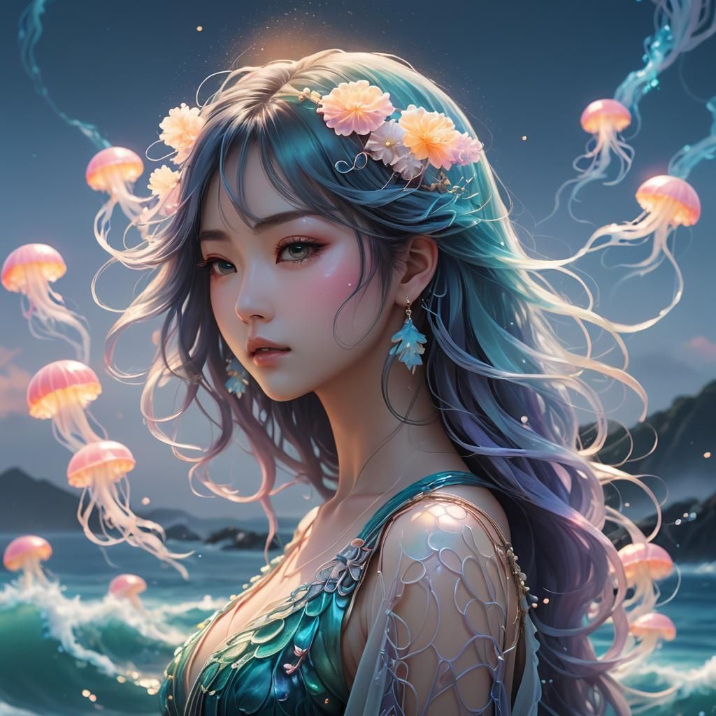 Anime Siren Hybrid at Sea, Digital Art