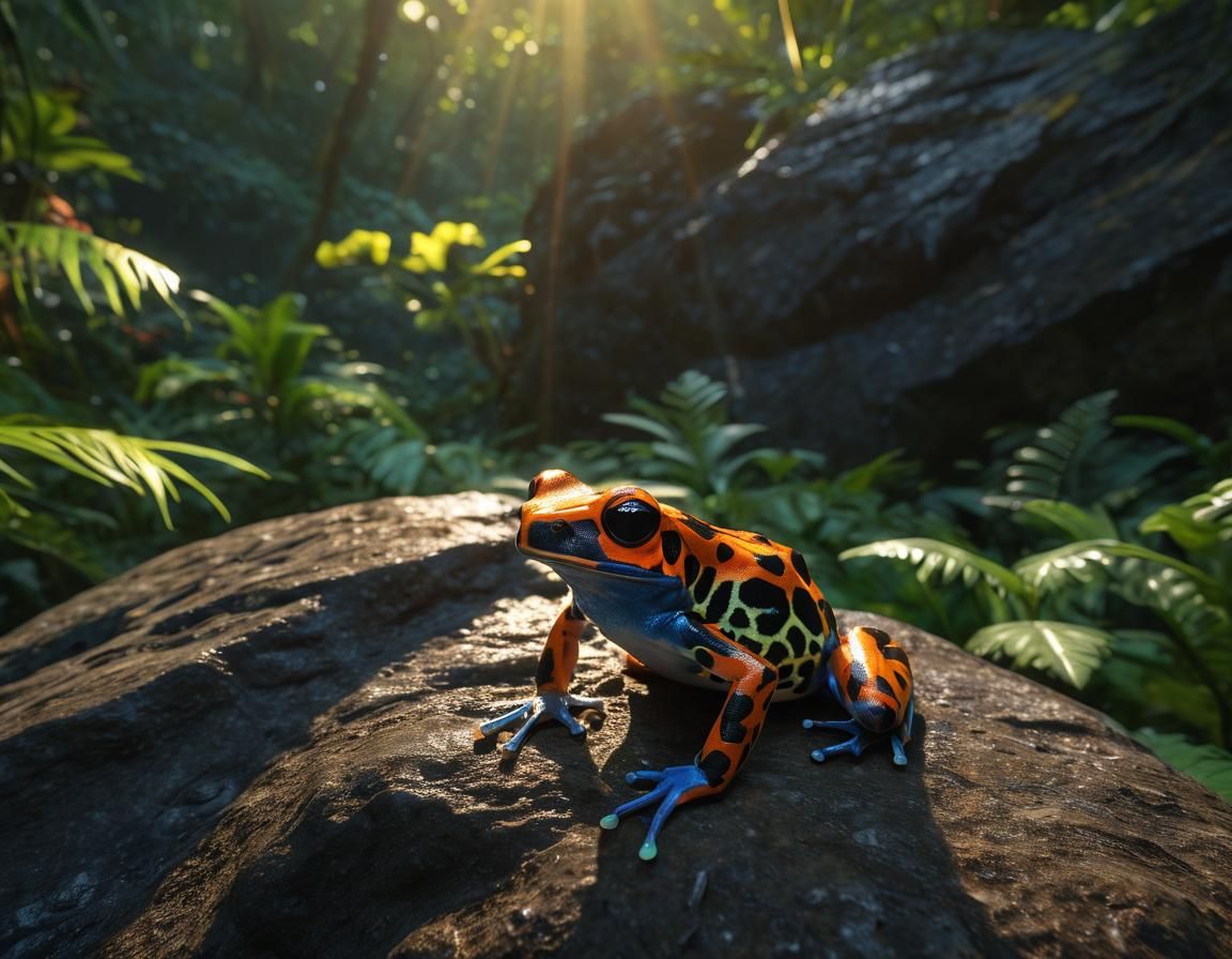 Vibrant Dart Frog in Rainforest Sunset