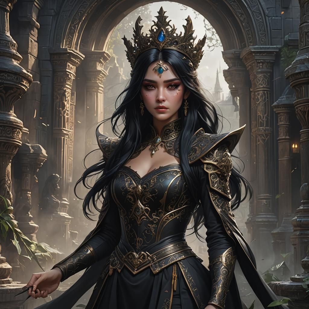 Fantastical Dark-Haired Queen in Detailed Matte Painting