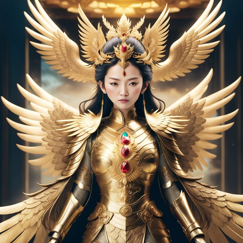 Elegant Chinese Femme Fatale in Golden Phoenix Armor
