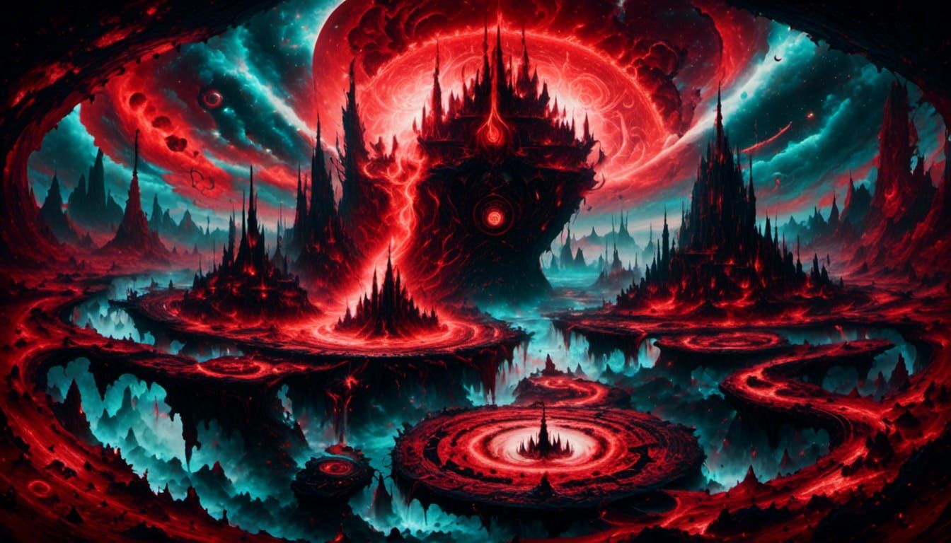 Crimson and Black Cosmic Landscape with Magic Portals