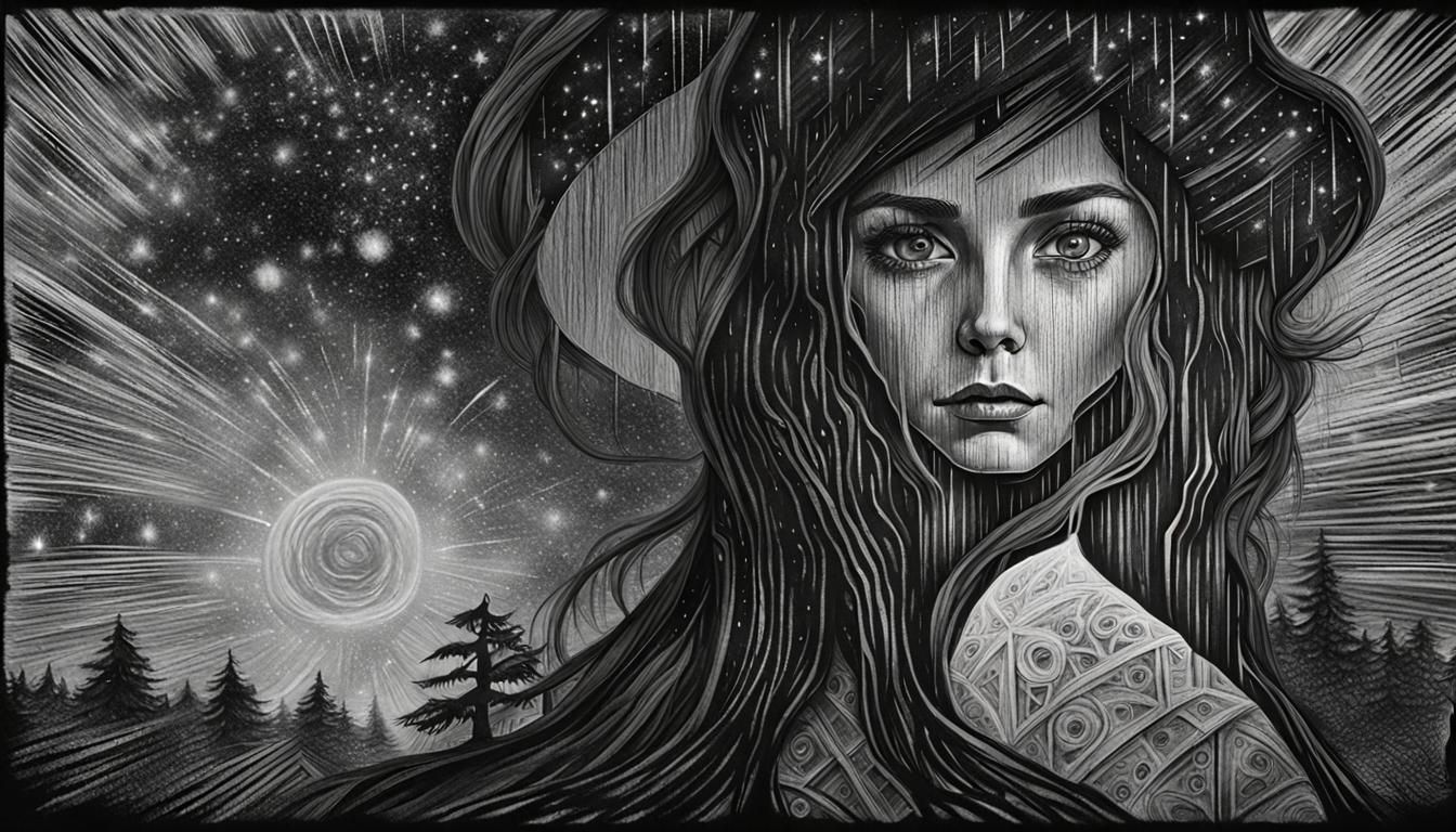 Woman Haunted by Past: Charcoal Drawing in Black and White