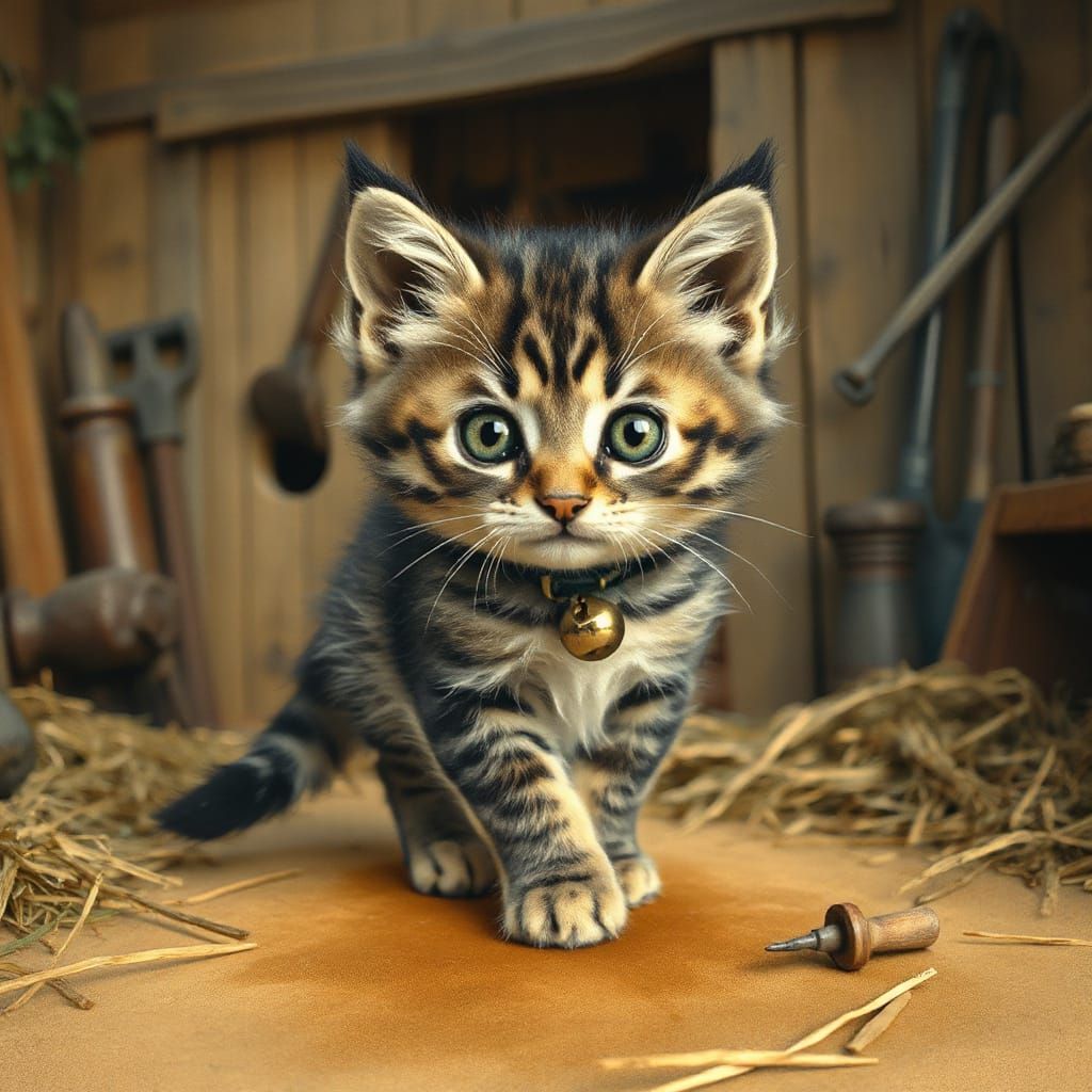 Curious Kitten Explores Rustic Barn in Watercolor Style
