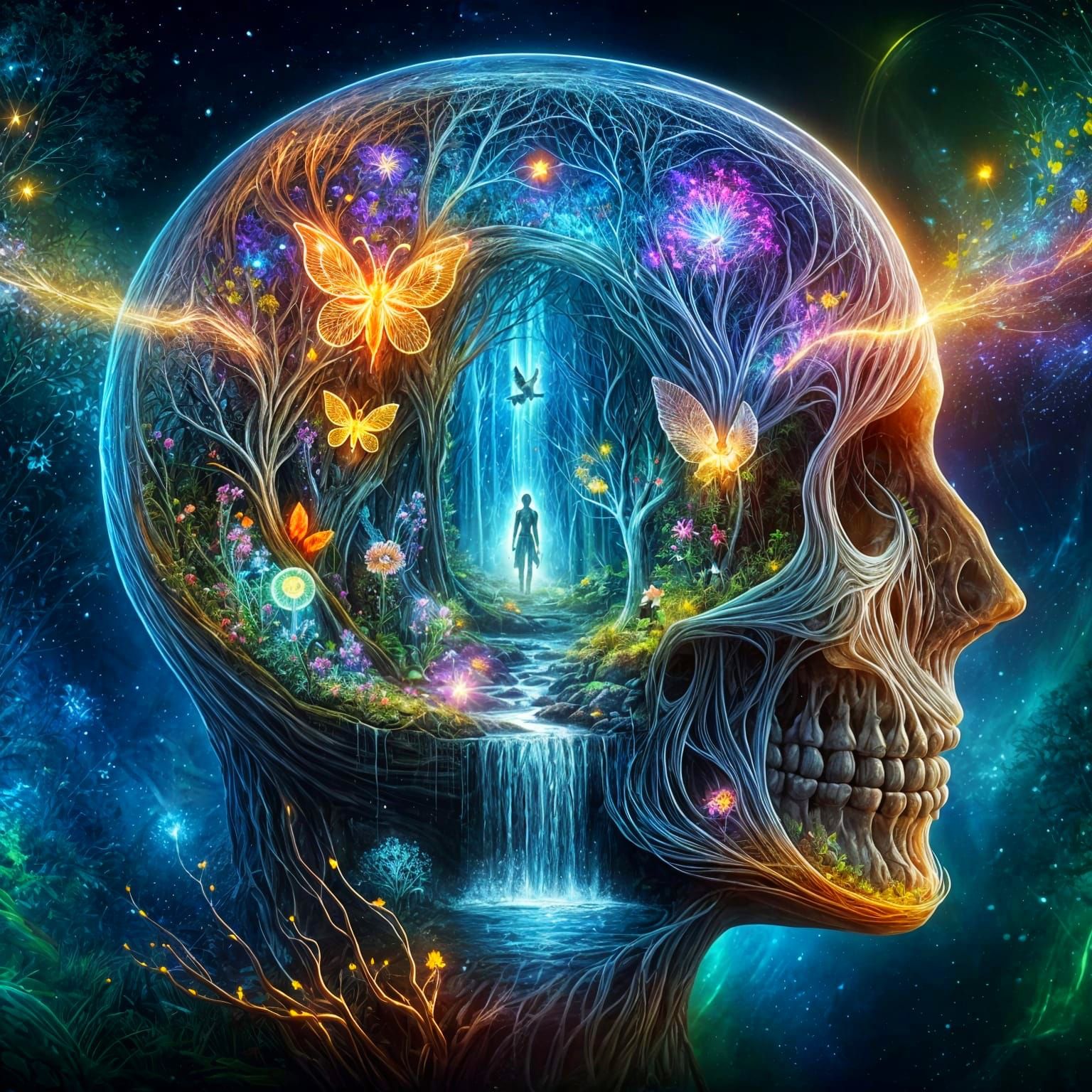 Surreal Skull Unveils Enchanted Bioluminescent Forest