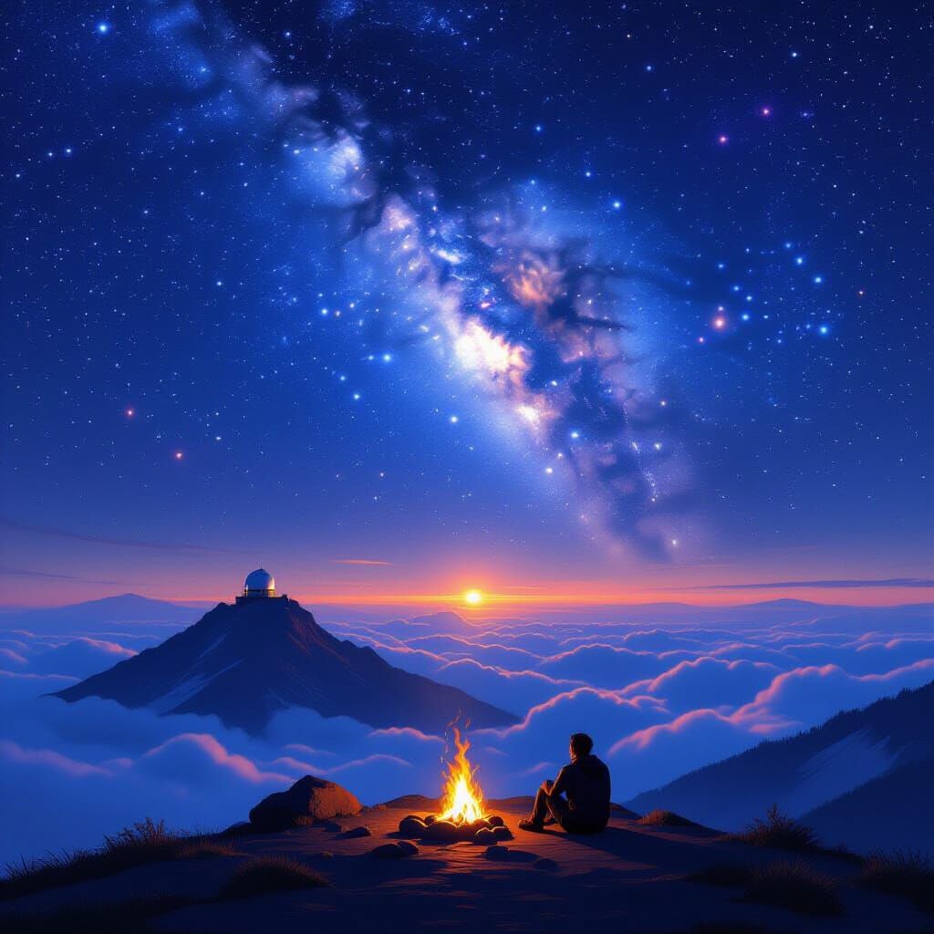 Observatory on Cloud Peak Under Starry Night Sky