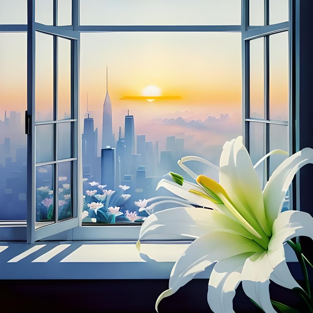 Futuristic City Sunrise with Lilies Watercolor