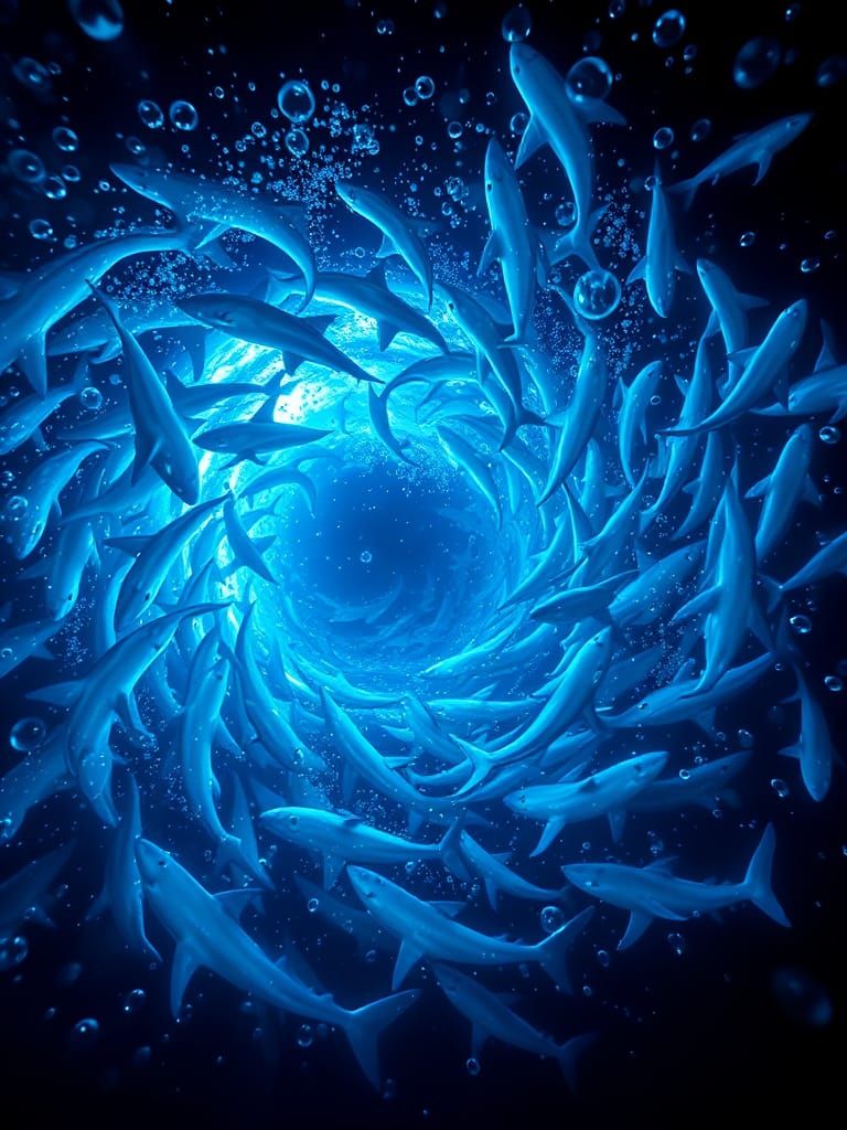 Swirling Vortex of Neon-Lit Sharks in Hyperrealistic Scene