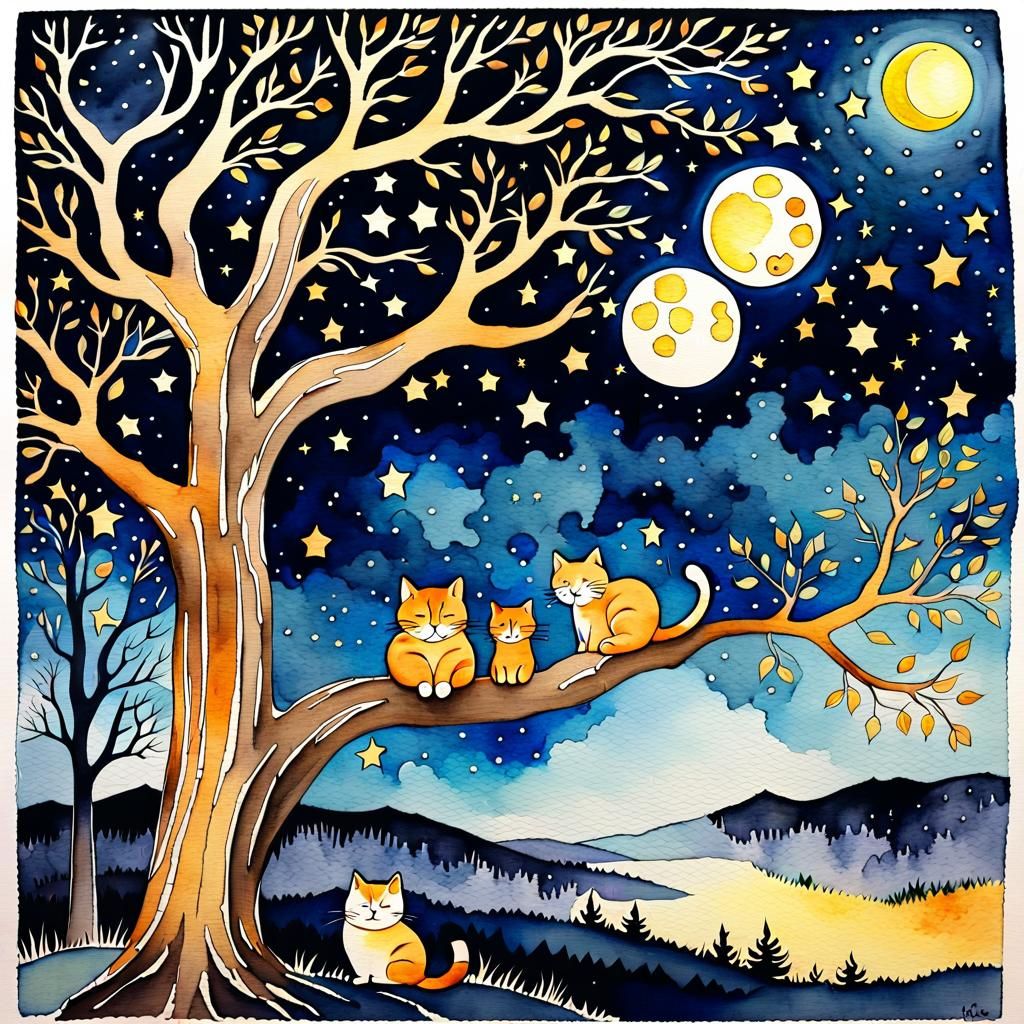 Quirky Watercolor Tree with Cat in Starry Night