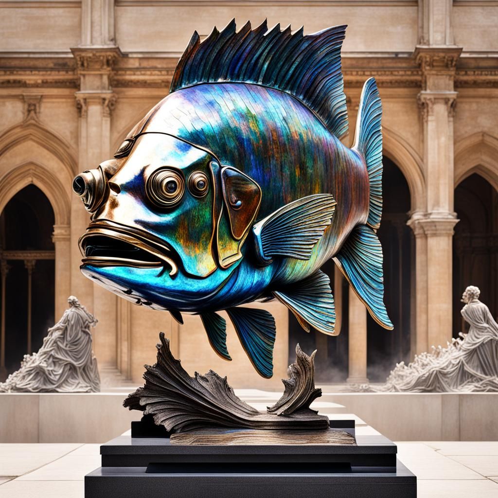 Surreal Gothic Fish Statue in Flames
