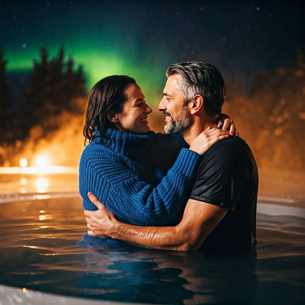 Couple Embracing Under Aurora Borealis in Winter Night