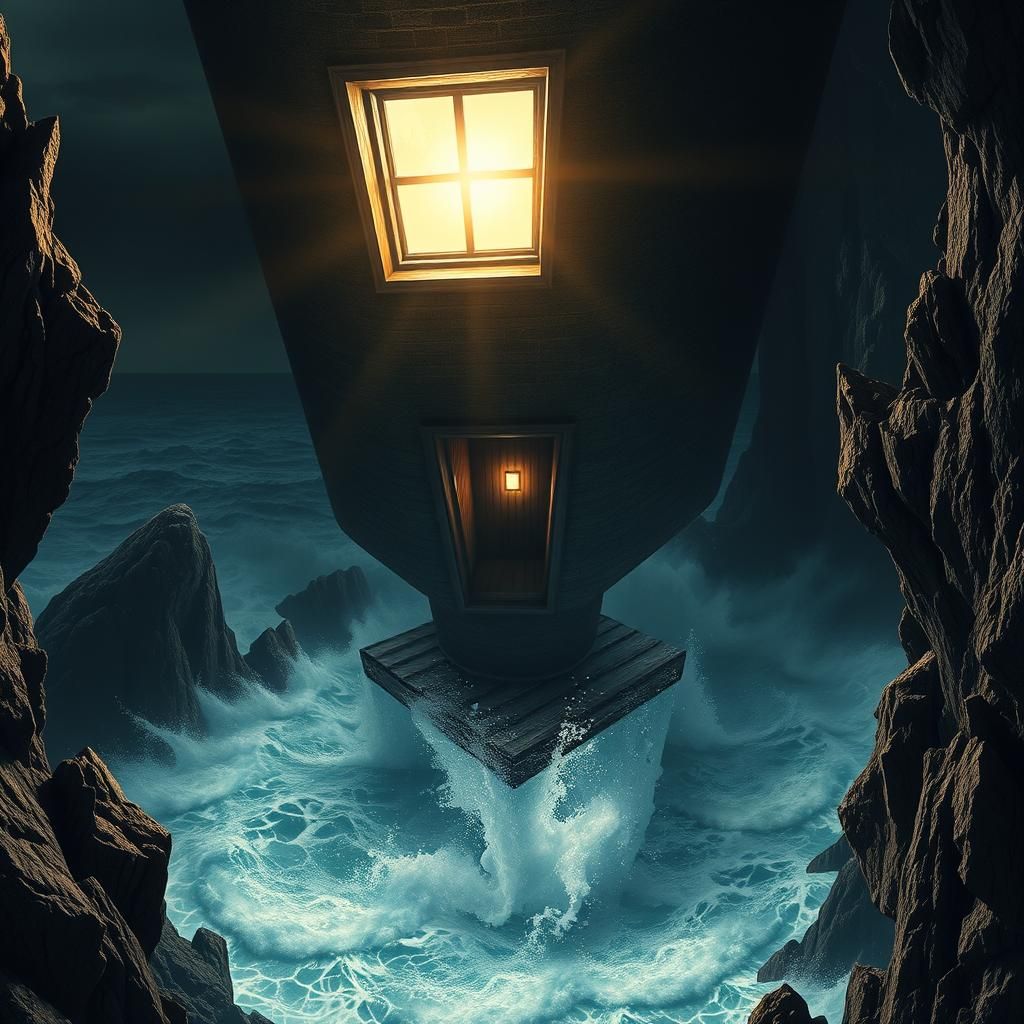 Inverted Lighthouse on Rocky Shore in Beksiński Style