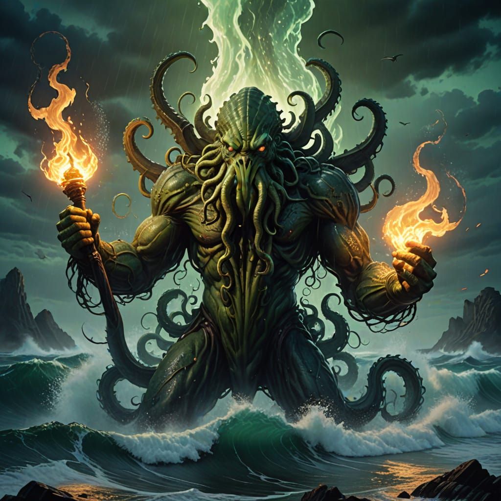 Three Men Stand Defiantly Against Cthulhu's Ominous Rise