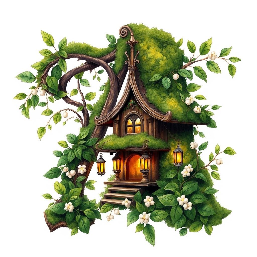 Whimsical Gothic Birdhouse Amidst Mistletoe and Lanterns