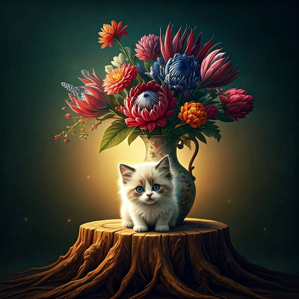 Surreal Ragdoll Kitten in Whimsical, Dreamlike Setting