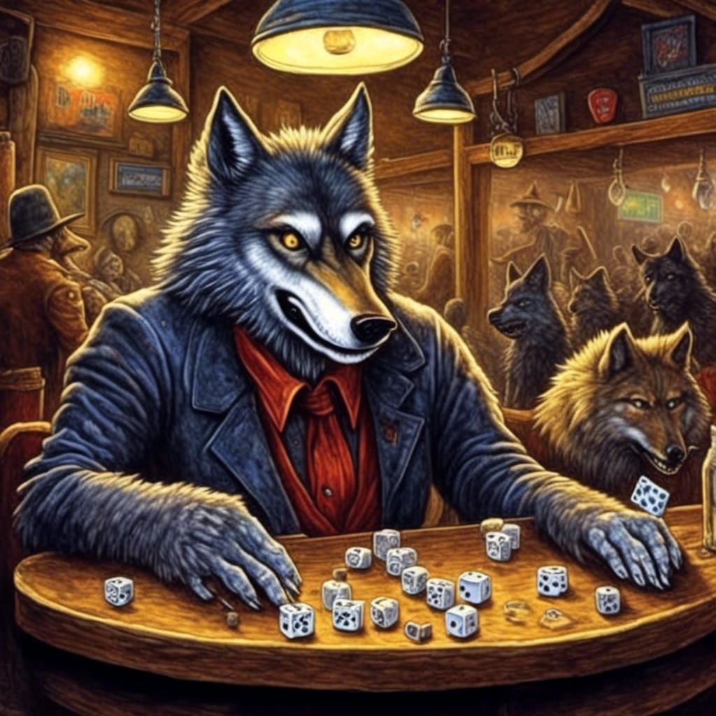 Anthropomorphic Wolf Gambles in Seedy Bar