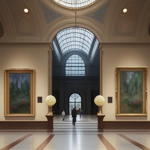 Impressionist Museum Scene with Viewers and Artworks