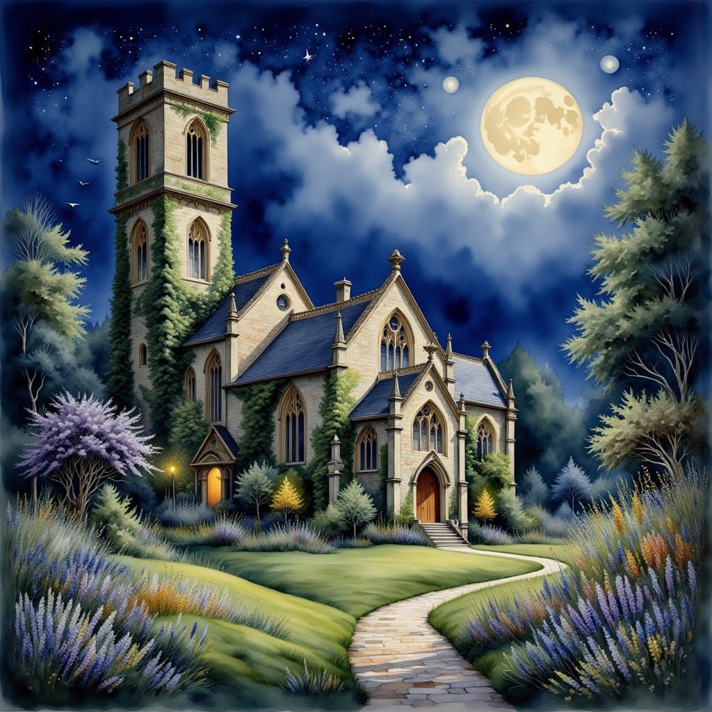 Medieval Church in a Serene Misty Night Scene