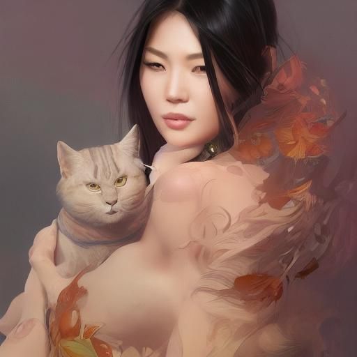 Asian Woman with Cat Portrait in Detailed Digital Art