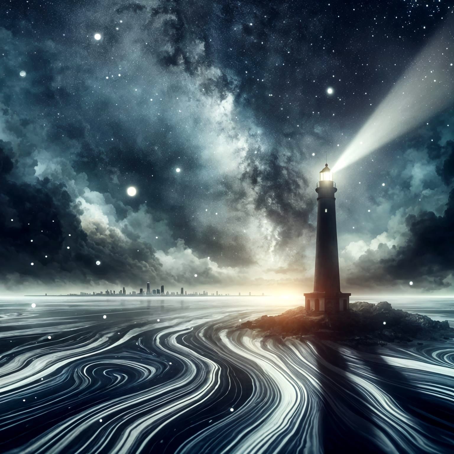 Lighthouse Beam Cuts Through Starry Sky, Suminagashi Ink Swi...