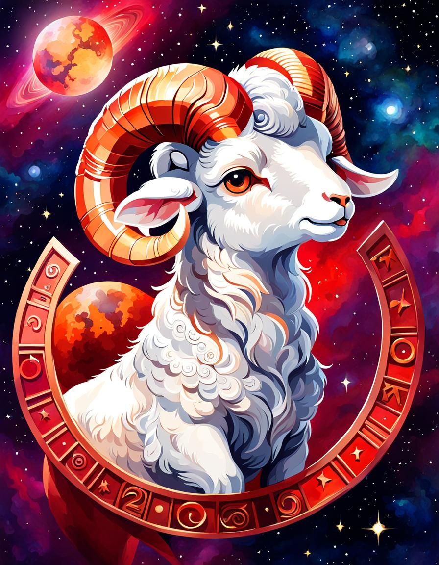 Aries Zodiac Sign with Mars in Watercolor