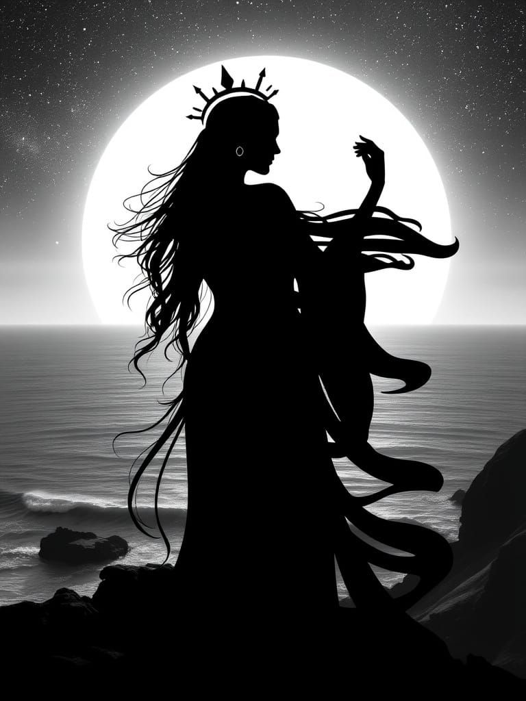 Hyperrealistic Goddess Silhouette in Starry Sunset Landscape