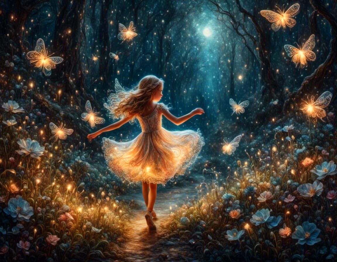 Enchanted Forest Glade: Little Girl Dancing in Moonlight