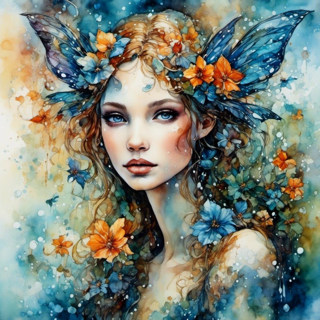 Beautiful Fairy with Wings in Watercolor Style