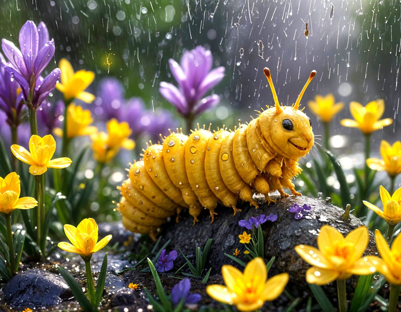 Brave Caterpillar Among Spring Blooms in Dreamlike Animation