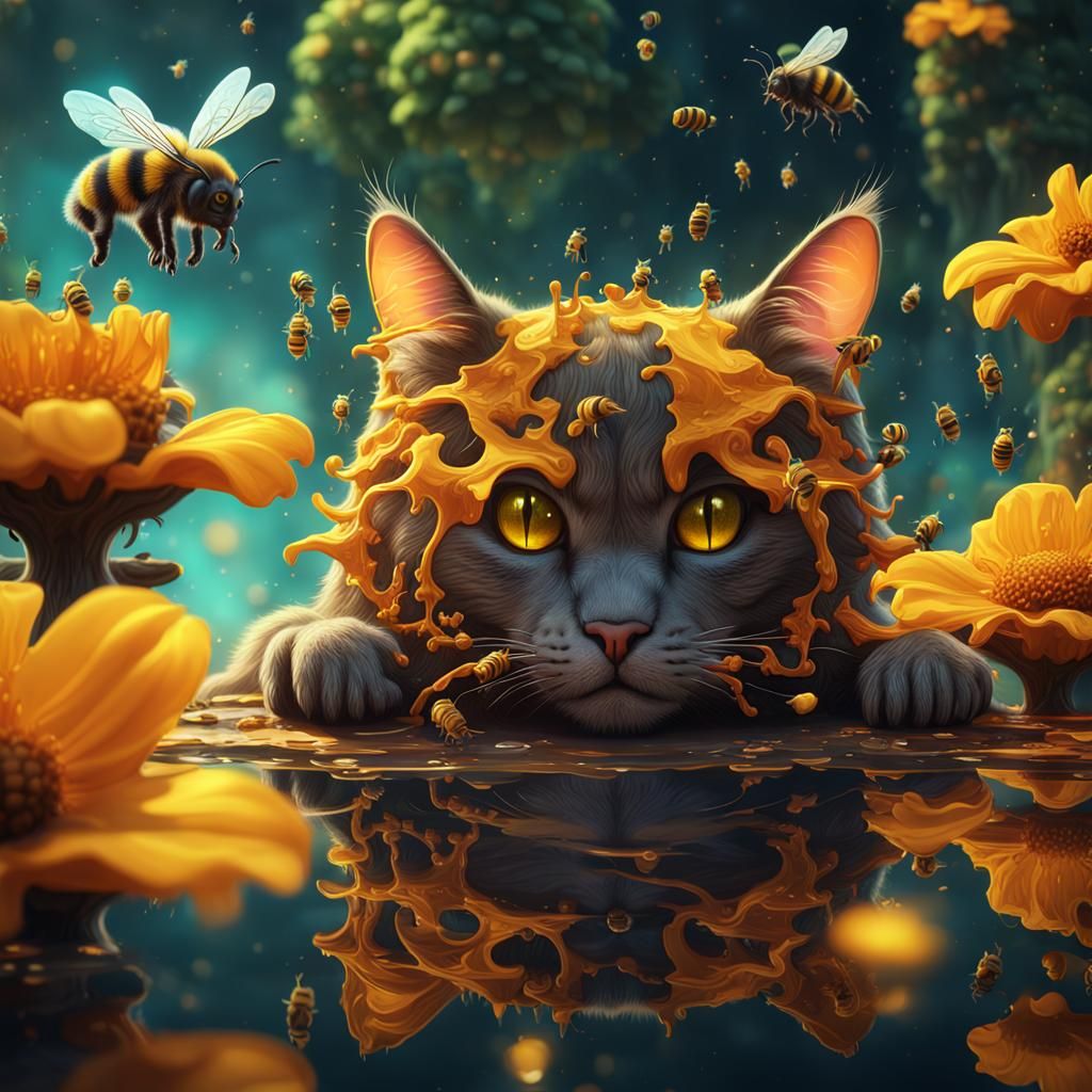 Surreal Honeybee Cat Reflection in Detailed Fantasy Art