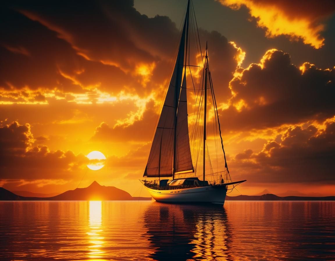 Vibrant Yellow Sunset Behind a Stunning Sailboat