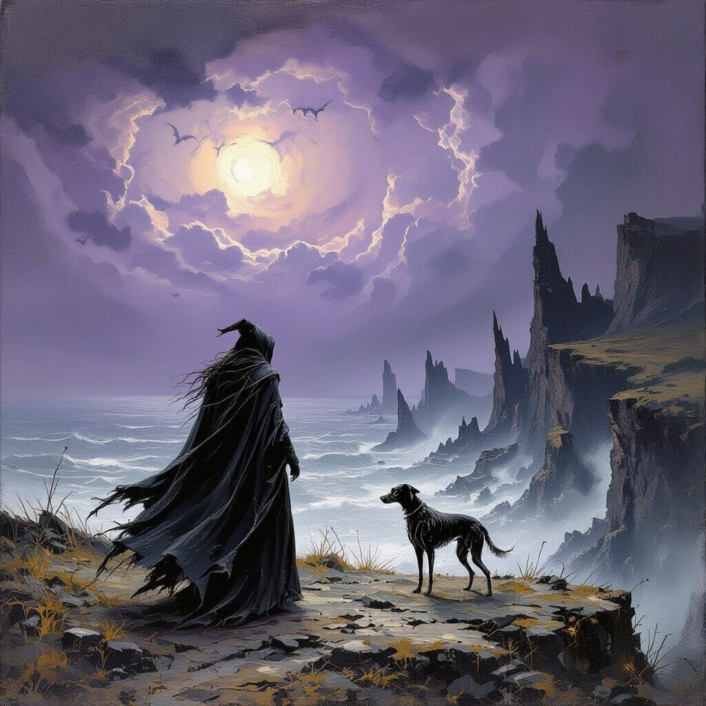 Witch on Windswept Cliff in Dramatic Impasto Style